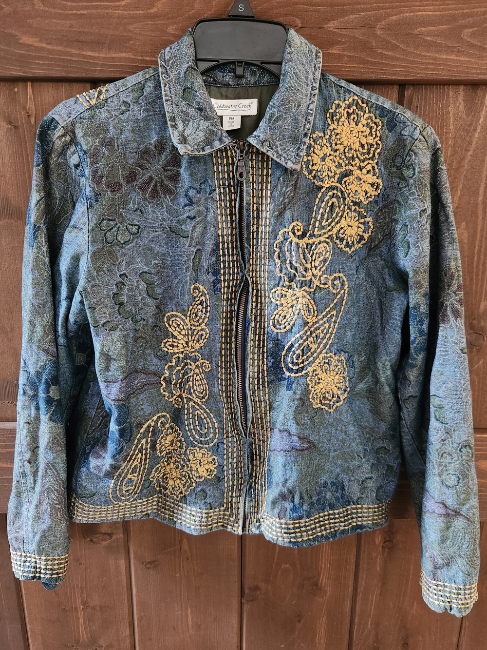 Coldwater Creek Blue Jean Jacket with Gold Embroidery Med
